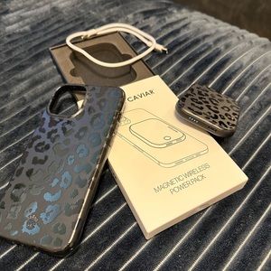 Black leopard iPhone case and power pack the brand is Velvet Caviar